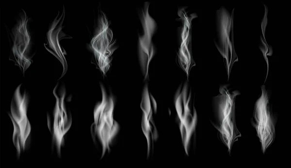 白い煙の質感のセット。黒い背景に分離されたパターン — ストックベクタ