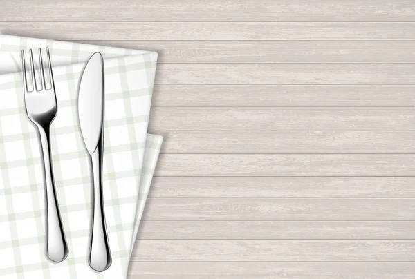 Tenedor y cuchillo de mesa en una servilleta. Mesa de madera . — Vector de stock
