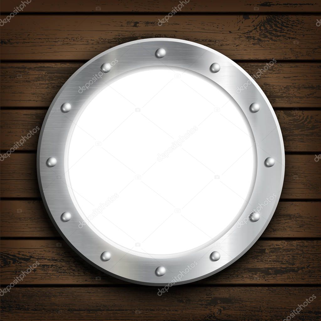 Window round ship porthole on a wooden wall