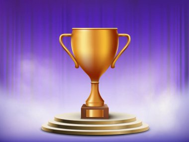 Altın madalya ödülü birincilik kupası podyumda ayakta