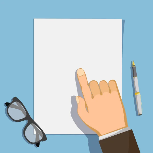 Businessman points a finger at a blank form of a document — Stock Vector