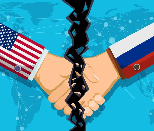 乌萨和俄罗斯之间的贸易政策 握手的两个人与一个裂缝 矢量说明 — 图库矢量图片