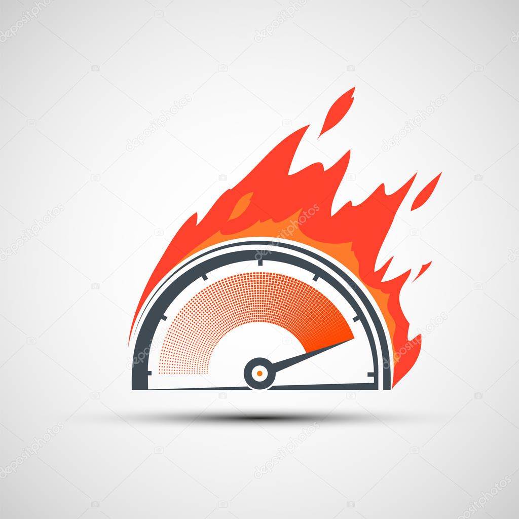 Icon speedometer on fire. Rating scale with arrow