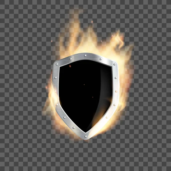 Kovový heraldický štít hoří průhledným plamenem — Stockový vektor
