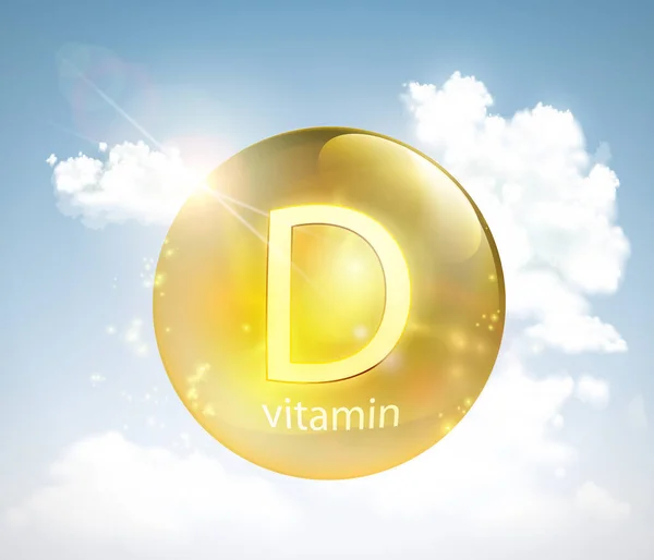 Pill vitamin D against the sky with the sun and clouds — Stock Vector
