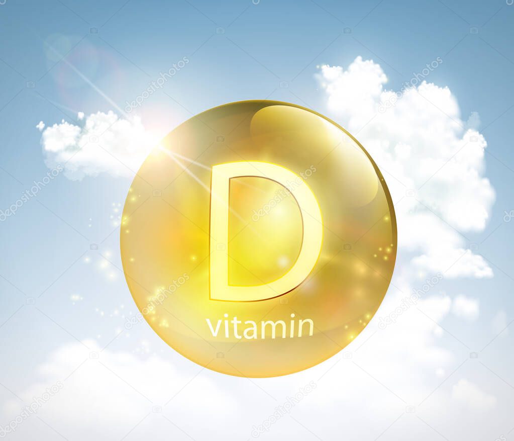 Pill vitamin D against the sky with the sun and clouds