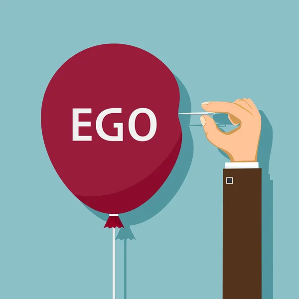 Mão usa uma agulha para estourar um balão com palavra ego — Vetor de Stock