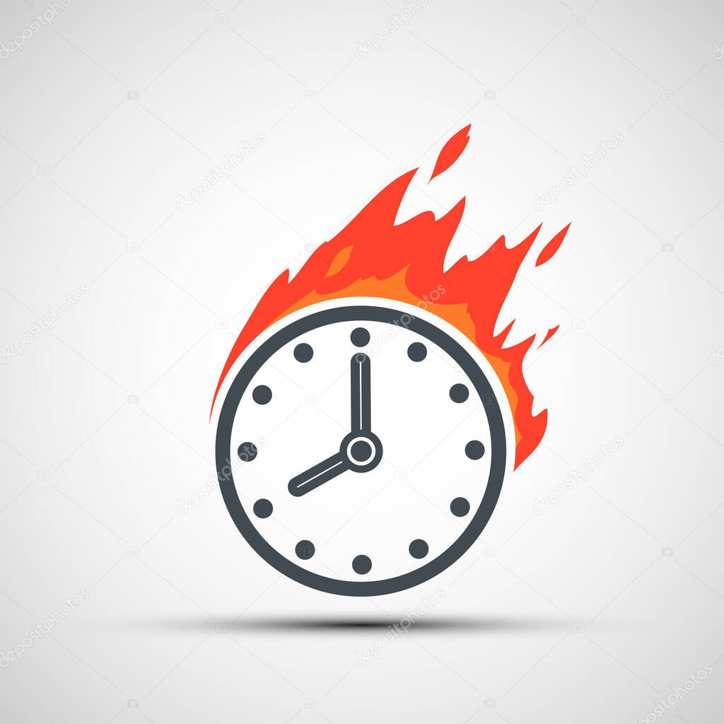 Watch dial icon on fire. Clock face logo isolated on a white background. Vector illustration