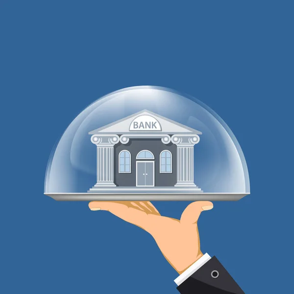 Banco edificio en un plato bajo una cúpula de cristal — Vector de stock