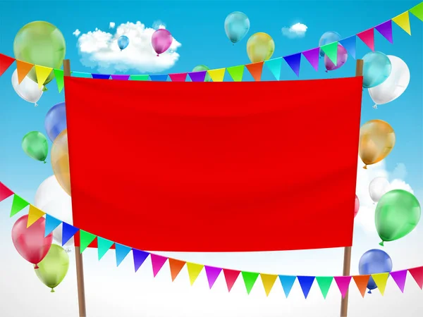 Banner en blanco rojo con globos y guirnaldas festivas — Vector de stock