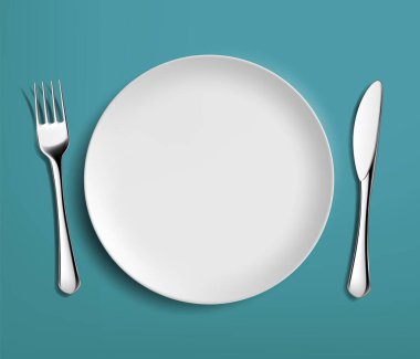 Masa bıçağı ve çatallı beyaz seramik tabak. Üst Manzara. Vektör illüstrasyonu.