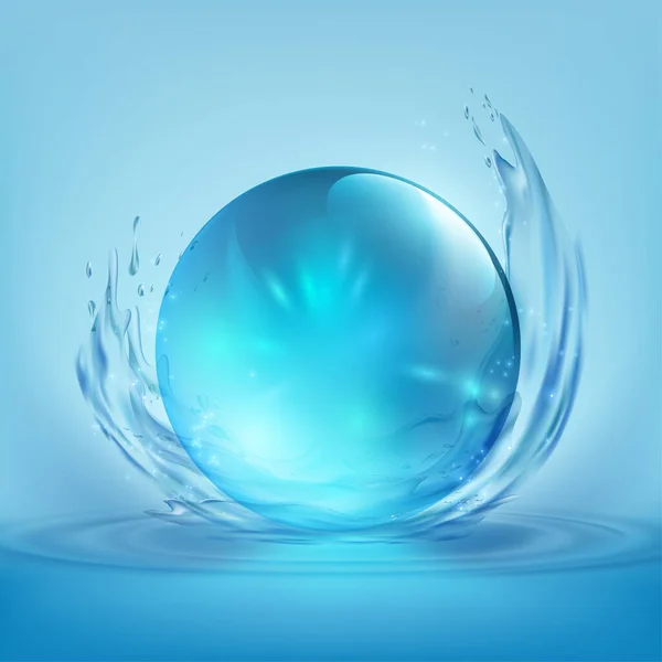 Blauw Kristal Glazen Bol Een Achtergrond Van Spetterend Water Vectorillustratie — Stockvector