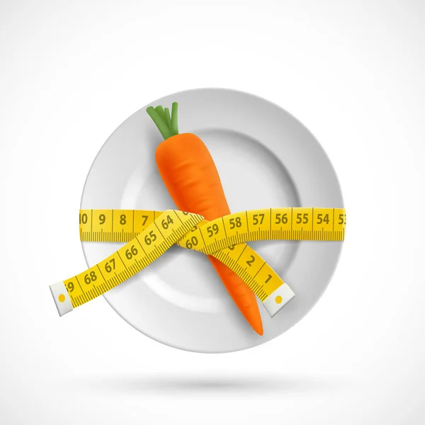 測定テーラテープはニンジン野菜とプレートの周りに包まれています 食事と健康的な食事 ベクトルアイコン — ストックベクタ