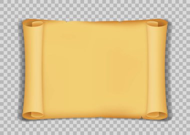 Antika kağıt parşömen kağıdı. Şeffaf bir arkaplanda boş bir şablon izole edildi. Vektör illüstrasyonu.