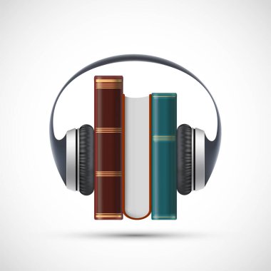 Audiobooks konsepti. Bir yığın kitabın üzerindeki kulaklıklar. Beyaz bir arka planda izole edilmiş. Vektör simgesi