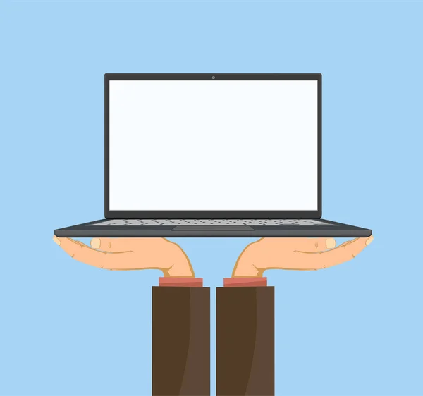 Man Holds Laptop White Blank Screen His Hands Vector Illustration — Stock Vector