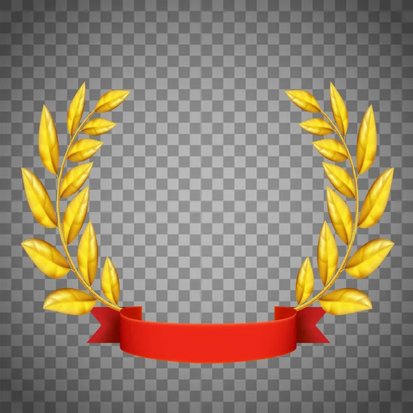 Golden Laurel Wreath Red Ribbon Isolated Transparent Background Vector Template — Stock Vector