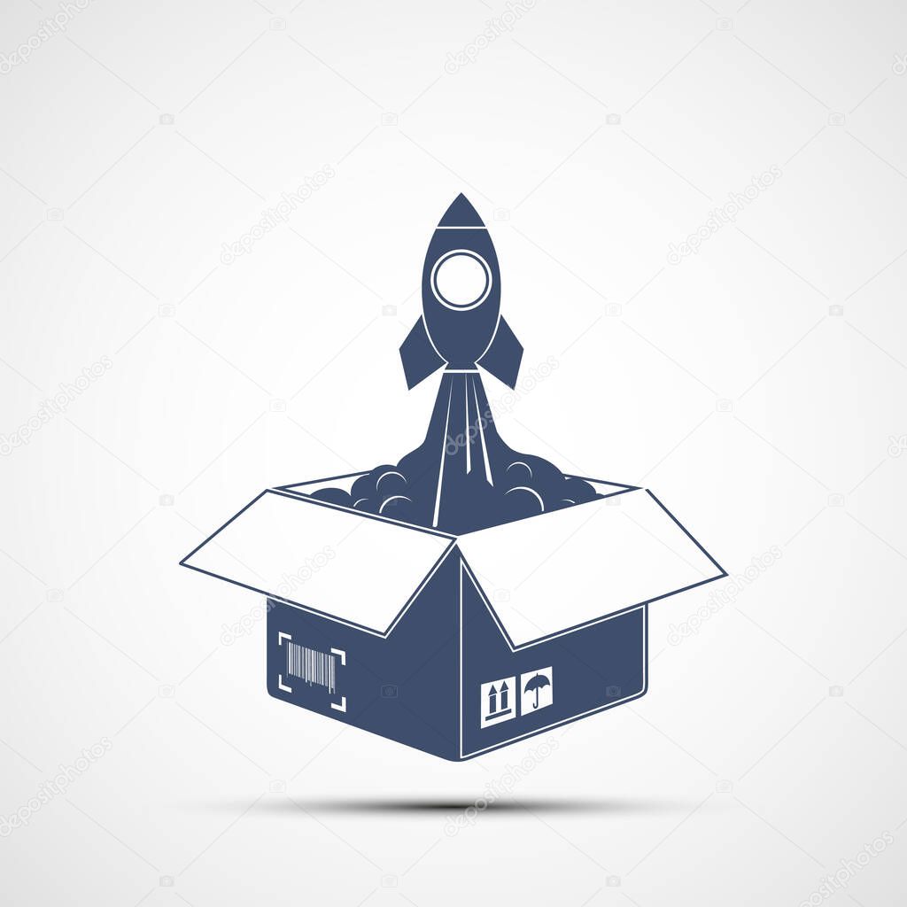 Rocket takes off from an open cardboard box. Icon isolated on a white background. Vector logo.