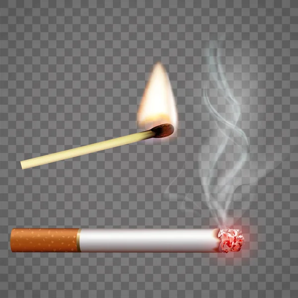 Humectante Cigarrillo Una Cerilla Ardiente Aislado Sobre Fondo Transparente Ilustración — Vector de stock