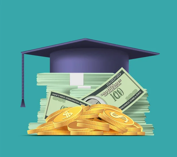 Egy Halom Amerikai Papírdollár Aranyérme Egy Diáksapkával Tetején Befektetés Oktatásba — Stock Vector