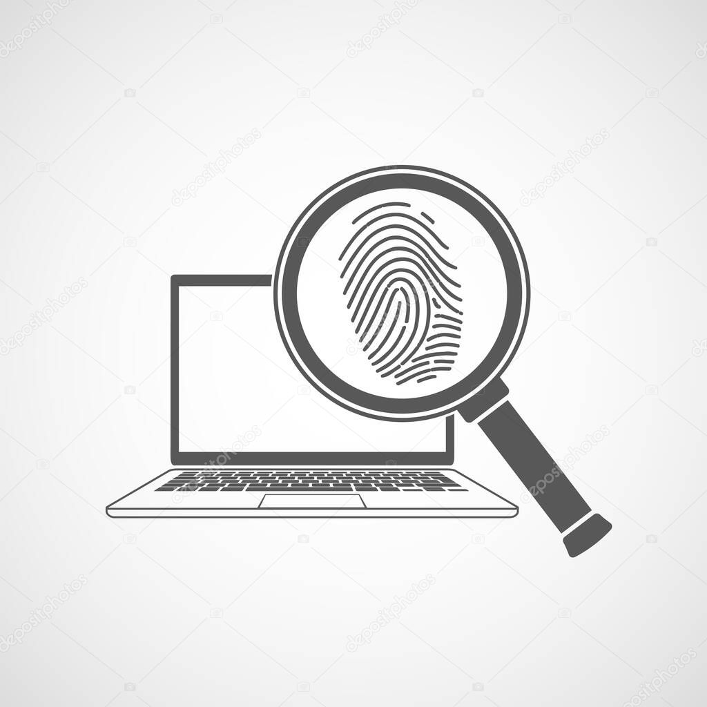 Icon magnifier with fingerprint in front a laptop. Isolated on a white background. Vector logo