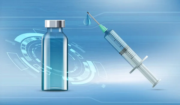 Medicinsk Spruta Med Nål Och Injektionsflaska Med Vaccin Eller Insulin — Stock vektor