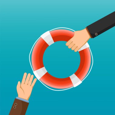 Takım elbiseli bir adam başka bir insana can simidi uzatıyor. Vektör illüstrasyonu