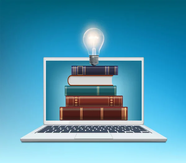 Dizüstü Bilgisayarında Ampul Olan Bir Yığın Kitap Çevrimiçi Öğrenme Vektör — Stok Vektör
