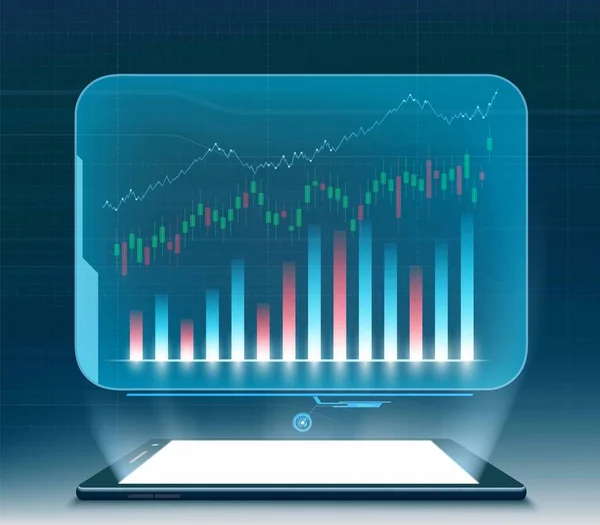 Grafici Grafici Finanziari Sullo Schermo Proiezione Dello Smartphone Illustrazione Vettoriale — Vettoriale Stock