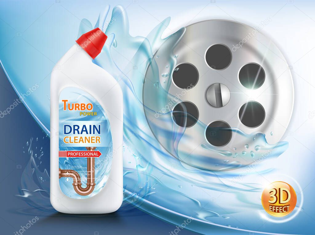 Plastic bottle with detergent. Packaging of drain cleaner. Label design. Vector illustration.