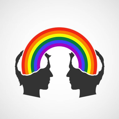 Kafalarında renkli gökkuşağı olan LGBT çifti. Vektör illüstrasyonu