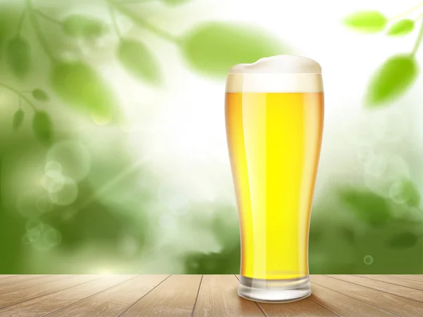 Een Glas Licht Bier Dat Buiten Een Houten Tafel Staat — Stockvector