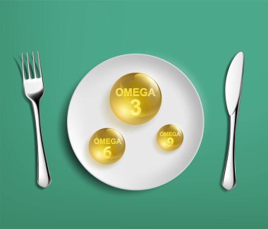 Tabakta Omega 3, Omega 6 ve Omega 9 vitaminleri olsun. Vektör illüstrasyonu