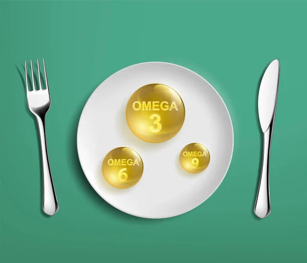 Tabakta Omega Omega Omega Vitaminleri Olsun Vektör Illüstrasyonu — Stok Vektör