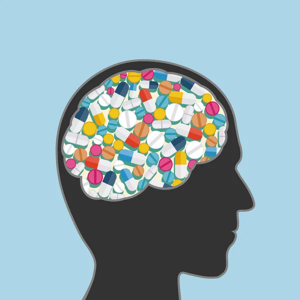Comprimidos Vitaminas Cabeça Humana Droga Alzheimers Ilustração Vetorial — Vetor de Stock