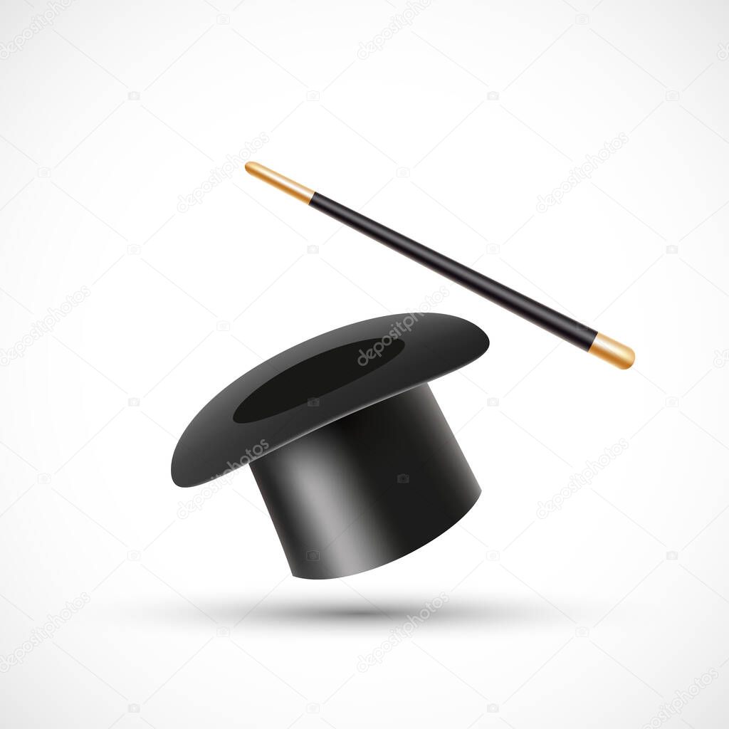Magic wand and magic hat. Icon isolated on white background. Vector illustration.