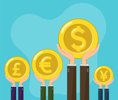 İşadamlarının elinde dolar, sterlin, yen ve euro para birimleri var. Borsa ve iş başarısı. Vektör illüstrasyonu