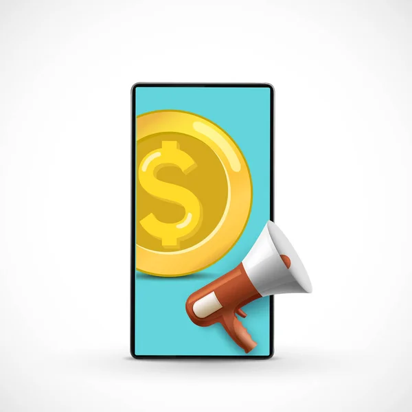 Złota Moneta Dolar Waluty Megafon Ekranie Smartfona Koncepcja Zwrotu Gotówki — Wektor stockowy