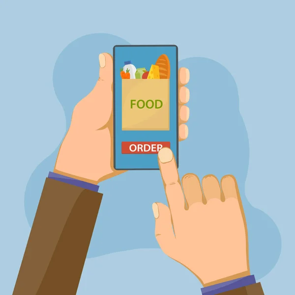 顧客はオンラインストアでスマートフォンを介して食品を注文します ベクターイラスト — ストックベクタ