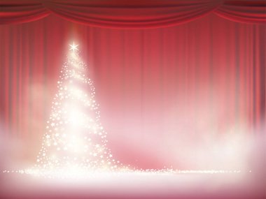 Kırmızı perdenin arka planında ışıklar olan Noel ağacı. Kopya alanı ile yeni yıl illüstrasyonuName.