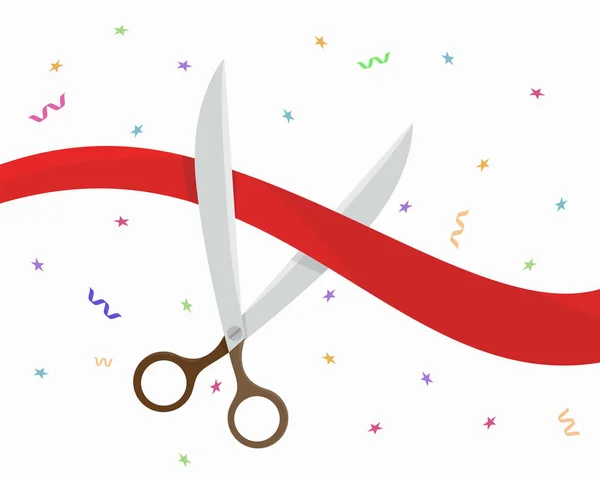 Scissors Cut Red Ribbon Grand Opening Ceremony Vector Illustration — Stock Vector