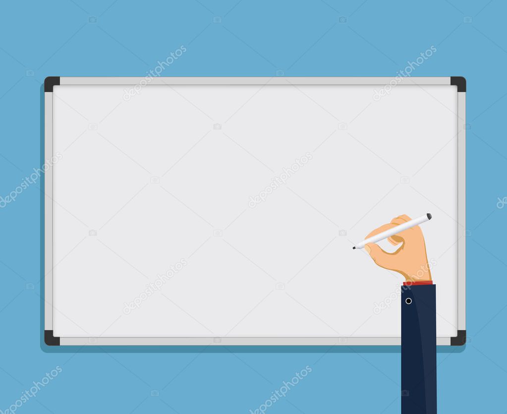 Human hand writes on a whiteboard. Blank template for copy space. Vector illustration.