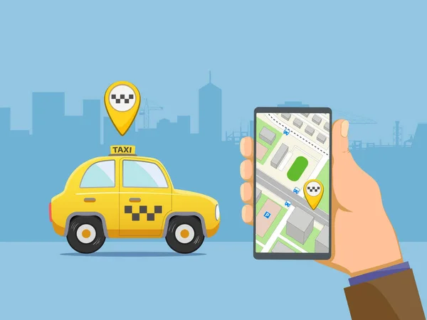 Hombre Está Sosteniendo Dispositivo Teléfono Con Aplicación Para Taxi Ilustración — Vector de stock