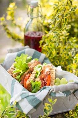 bir sepet, üzüm ve meyve suyu, açık piknik, yakın çekim jamon ve sebze sandviç