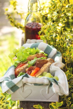 bir sepet, üzüm ve meyve suyu, açık piknik, yakın çekim jamon ve sebze sandviç