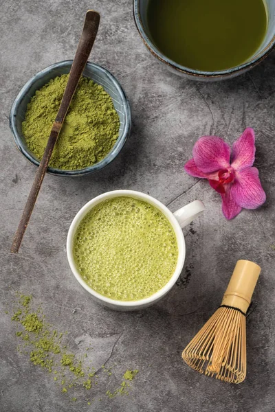 Polvo Verde Matcha Japonés Producto Natural Saludable Antioxidante Cuchara Bambú —  Fotos de Stock