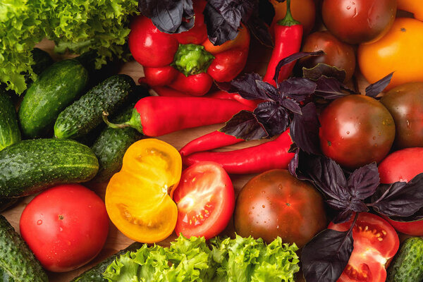 Various vegetables and salad leaves, top view, close-up