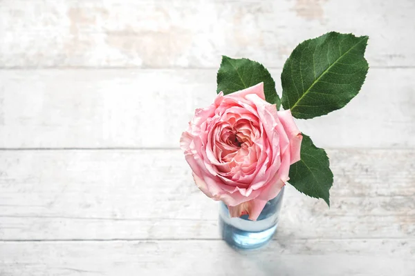 Růžová Růžová Květina Vázu Bílém Dřevěném Stole Kopie Prostoru Pohled — Stock fotografie