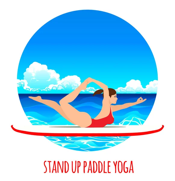 Femme pratiquant le SUP yoga sur une planche à pagaie dans l'océan de la mer illustration vectorielle. Fond marin — Image vectorielle