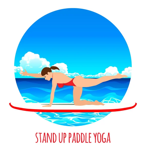 Femme pratiquant le SUP yoga sur une planche à pagaie dans l'océan de la mer illustration vectorielle. Fond marin — Image vectorielle